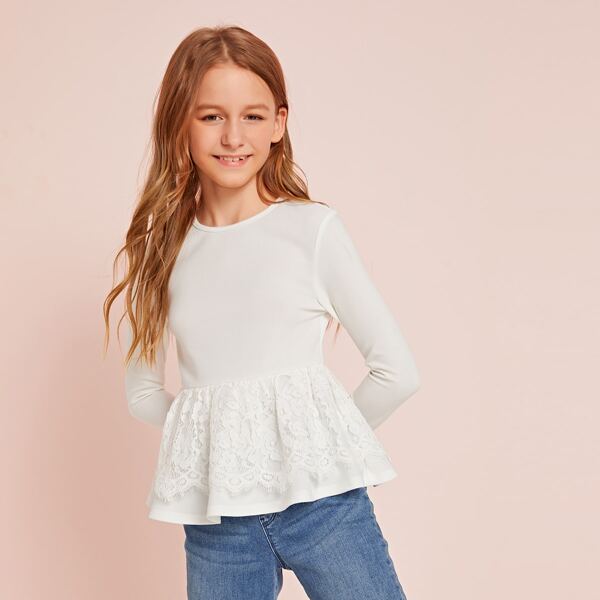 

Girls Zip Back Lace Trim Peplum Top, White