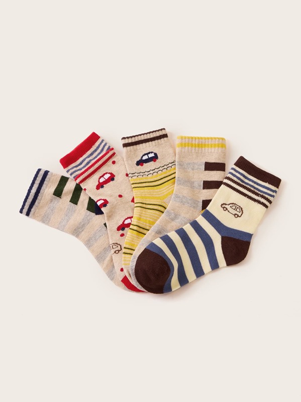

5pairs Toddler Boys Striped & Cartoon Pattern Socks, Multicolor