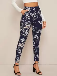 SHEIN Clasi Pantalones ajustados de cintura alta con estampado floral - Azul Marino - Ver 1