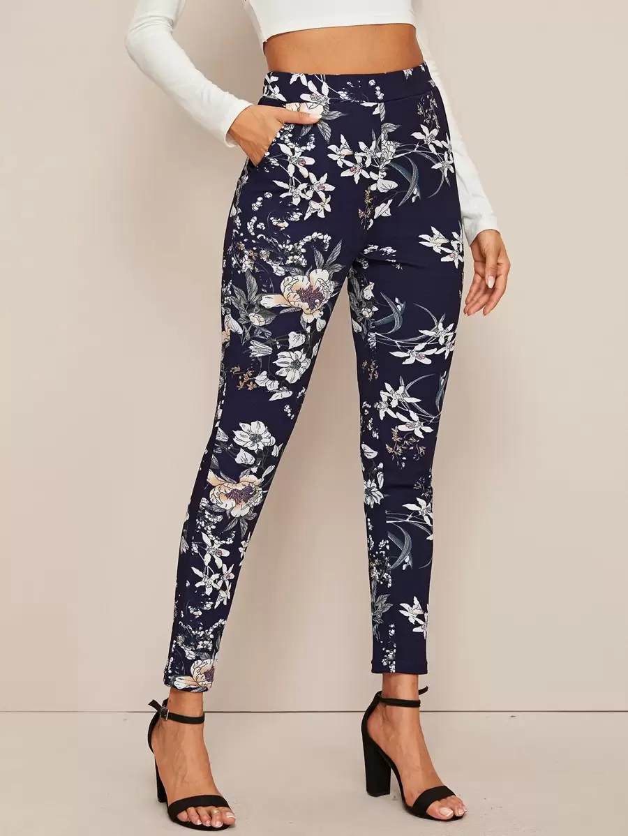 SHEIN Clasi Pantalones ajustados de cintura alta con estampado floral - Azul Marino - Ver 1