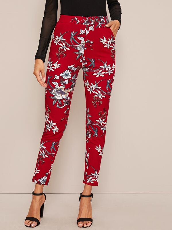 

Floral Print High Waist Pants, Red, Andy
