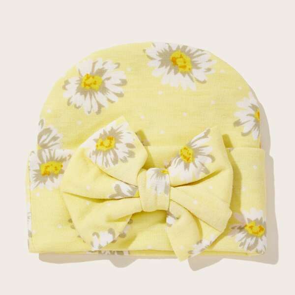 

Baby Flower Print Bow Decor Beanie, Yellow