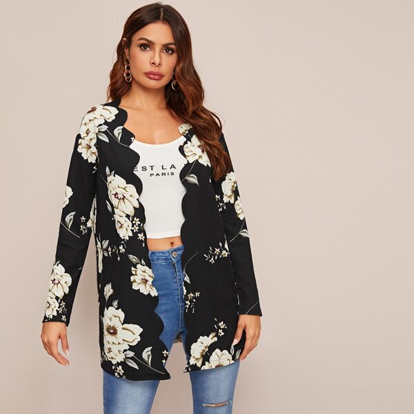 

Floral Print Scallop Edge Open Front Coat, Black and white