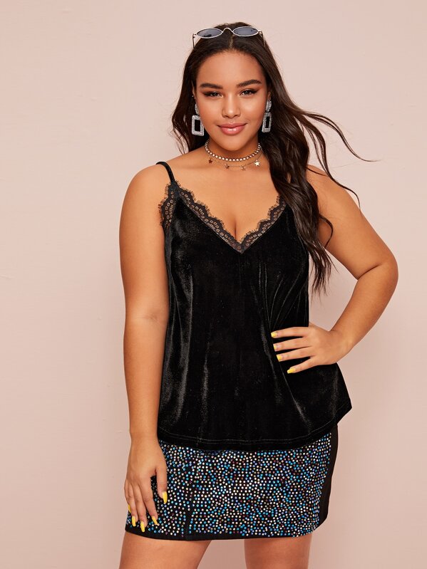 

Plus Lace Trim Double V Neckline Velvet Cami Top, Black, Emilie