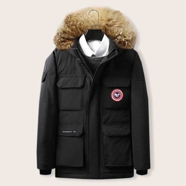 

Men Pocket Front Hooded Parka Coat, Black