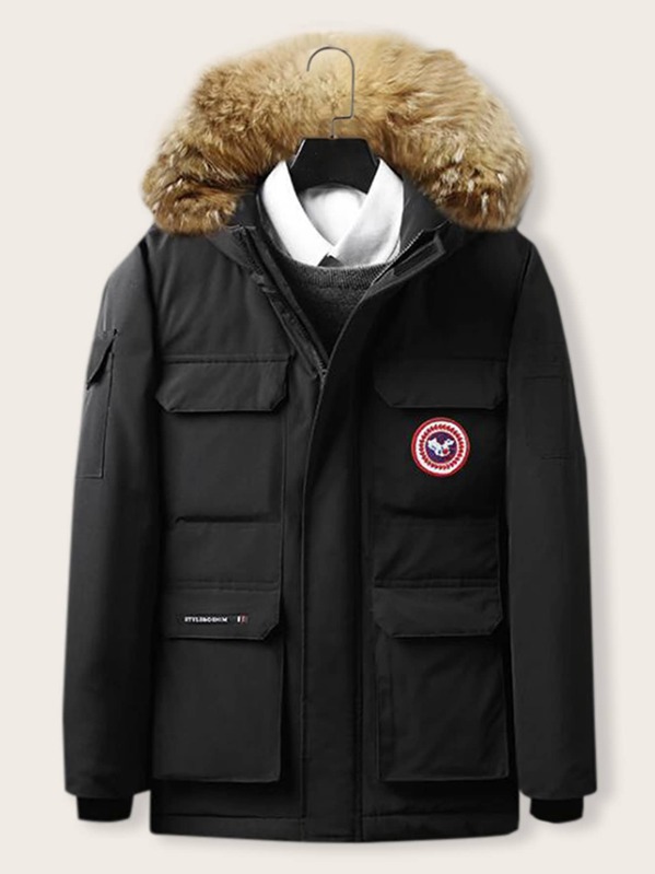 

Men Pocket Front Hooded Parka Coat, Black