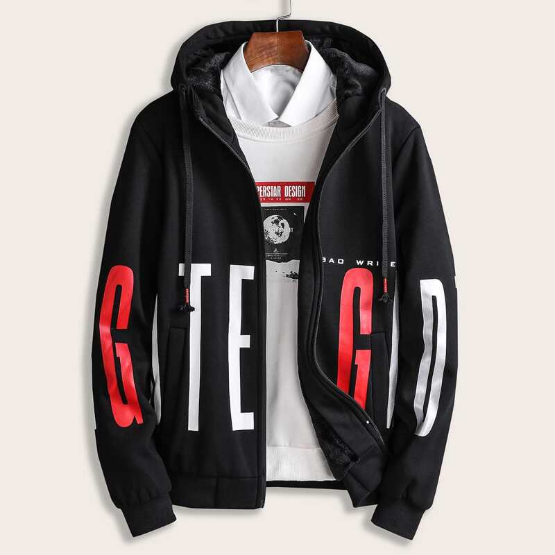 

Guys Letter Graphic Sherpa Lined Hooded Jacket, Black