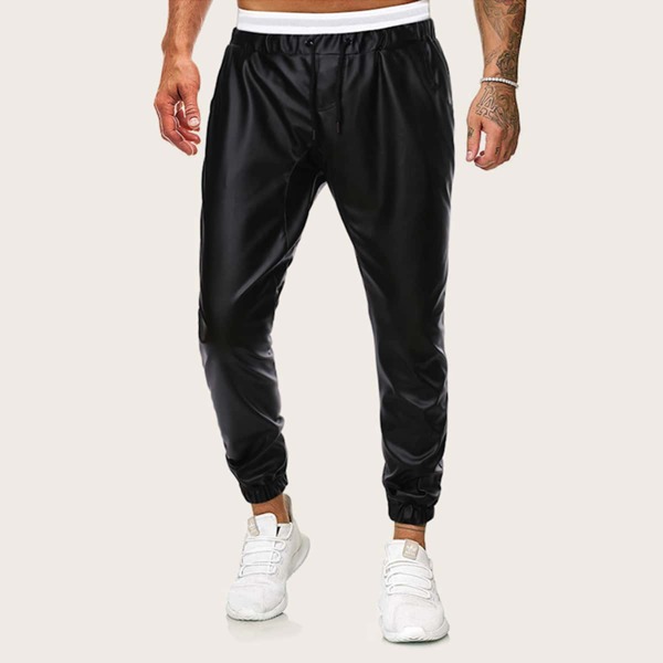 

Men Elastic Waist PU Leather Pants, Black