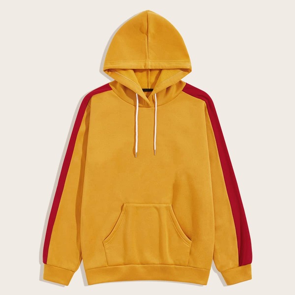 

Men Contrast Panel Drawstring Hoodie, Yellow bright
