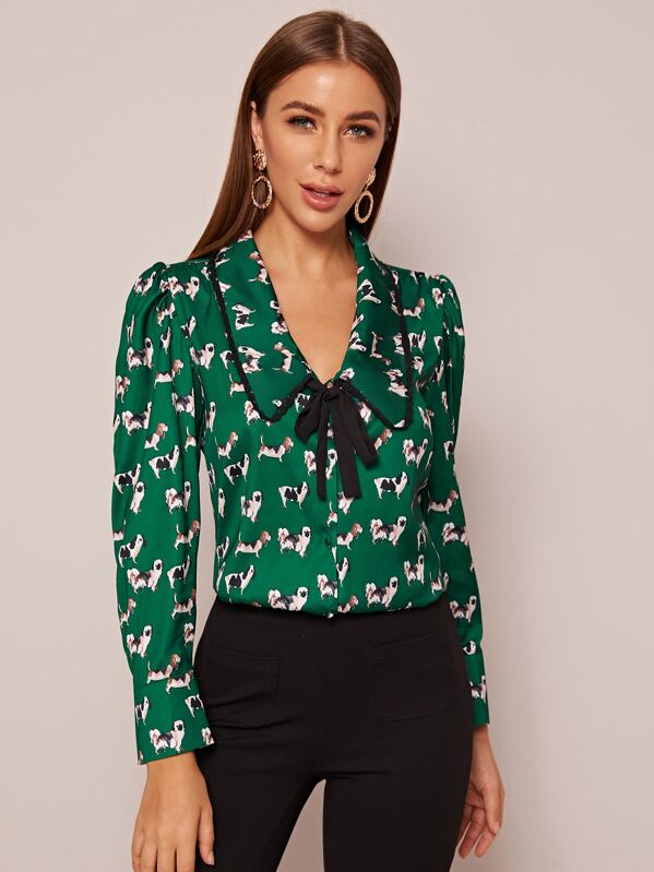 

Tie Neck Allover Dog Print Blouse, Green, Hanna