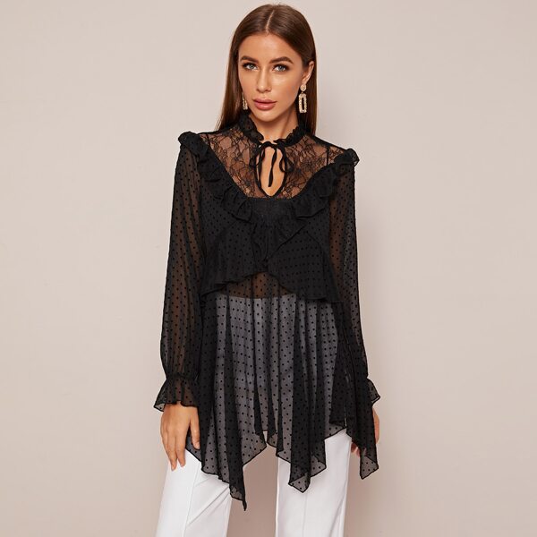 

Tie Neck Polka Dot Asymmetric Hem Blouse, Black
