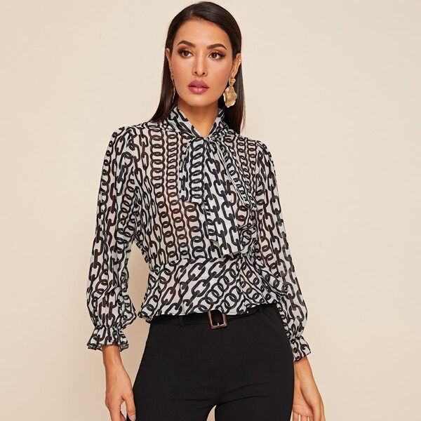

Tie Neck Chain Print Peplum Blouse, Black and white
