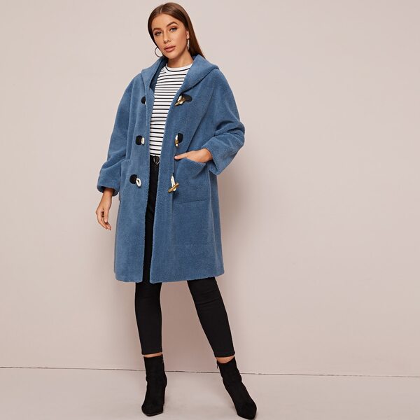 

Pocket Front Hooded Teddy Duffle Coat, Blue