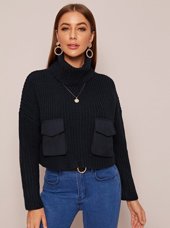 

High Neck Ribbed Knit Pocket Front Jumper, Black, Hanna