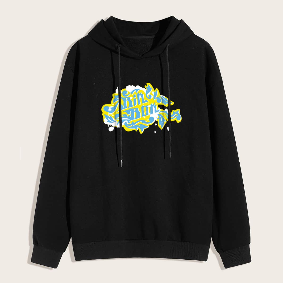 

Guys Letter Graphic Drawstring Hooded Sweatshirt, Black