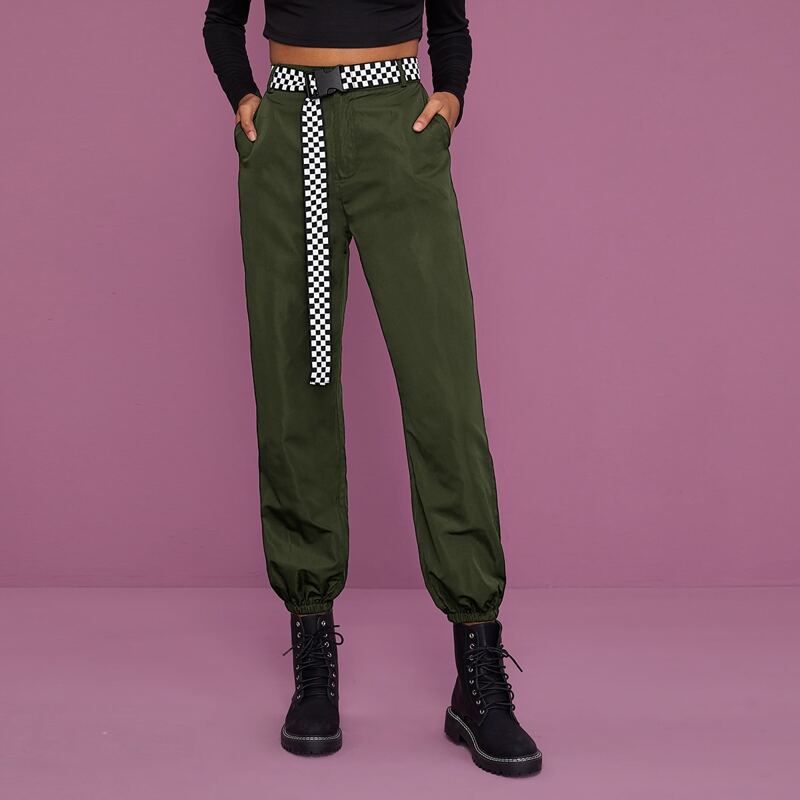 

Windbreak Cargo Pants With Buckle Checker Belt, Army green