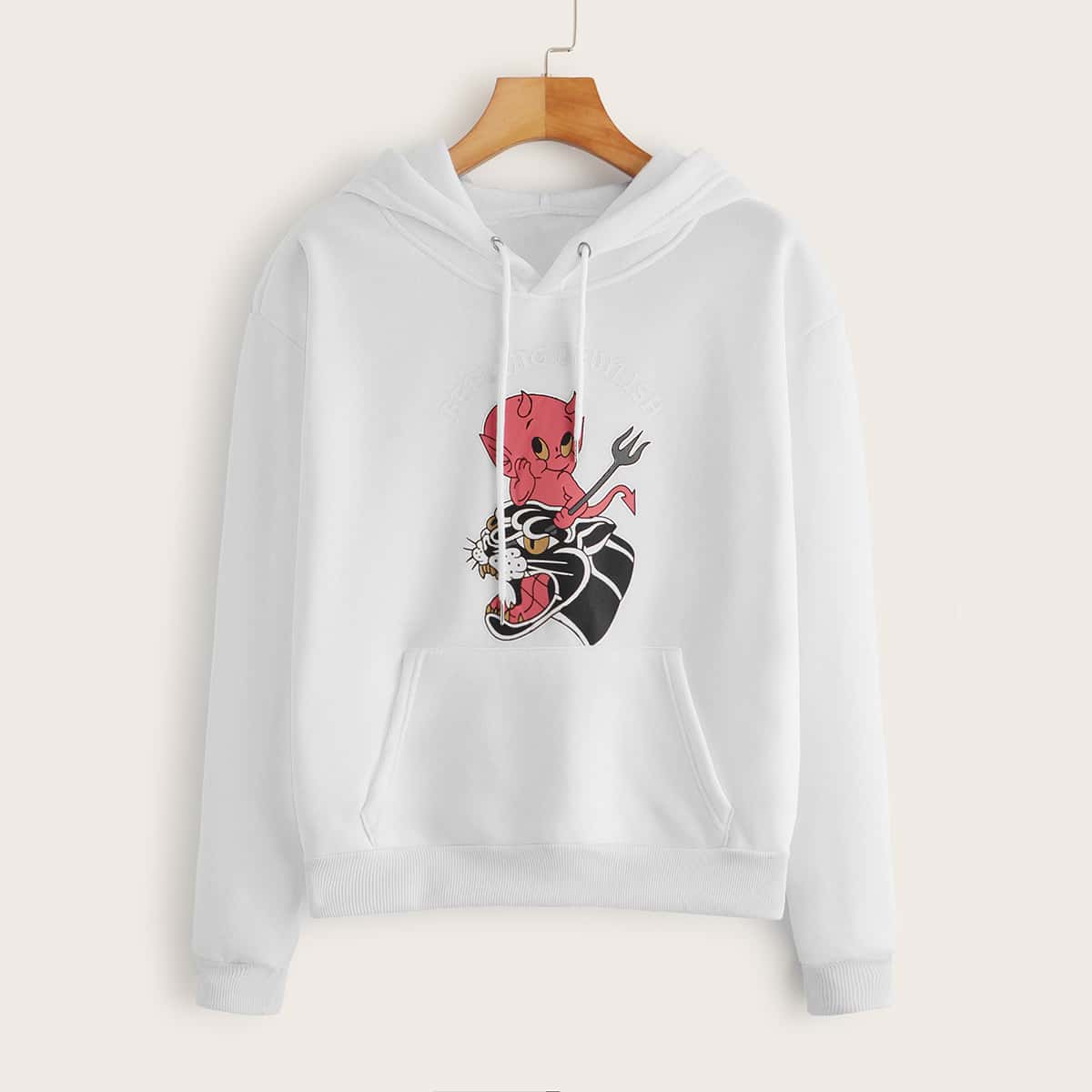 

Carton Graphic Kangaroo Pocket Drawstring Hoodie, White