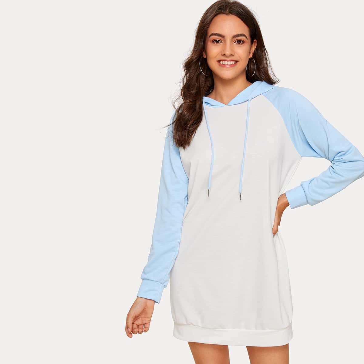 

Two Tone Raglan Sleeve Drawstring Hoodie Dress, White