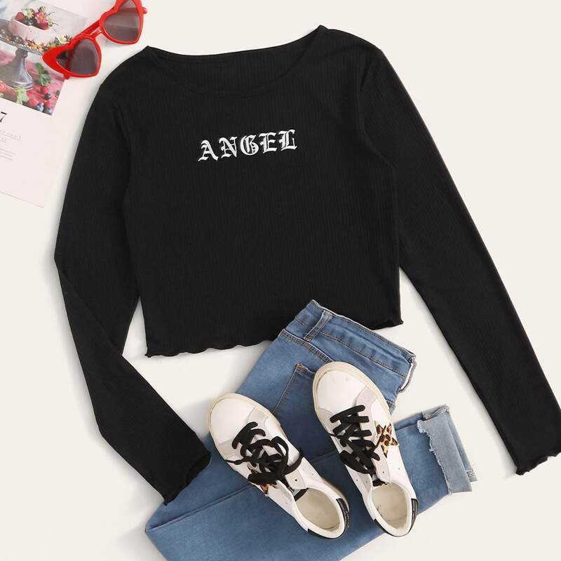 

Letter Embroidered Frill Black Crop Top