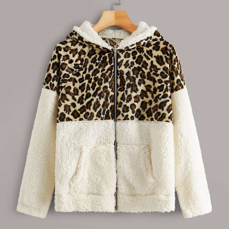 

Leopard Print Zip Up Hooded Teddy Jacket, Multicolor