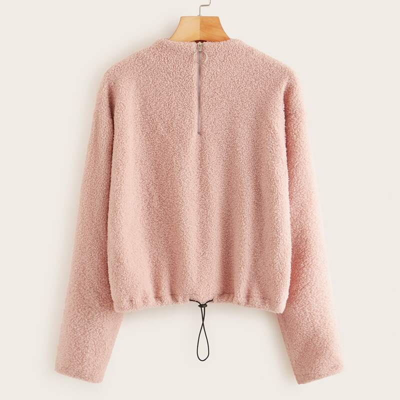 

O-ring Half Zip Drawstring Hem Teddy Sweatshirt, Pink pastel