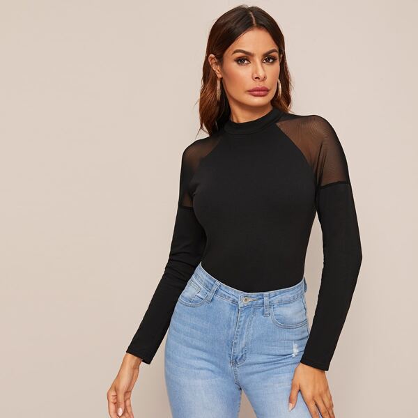 

Mesh Insert Raglan Sleeve Solid Tee, Black