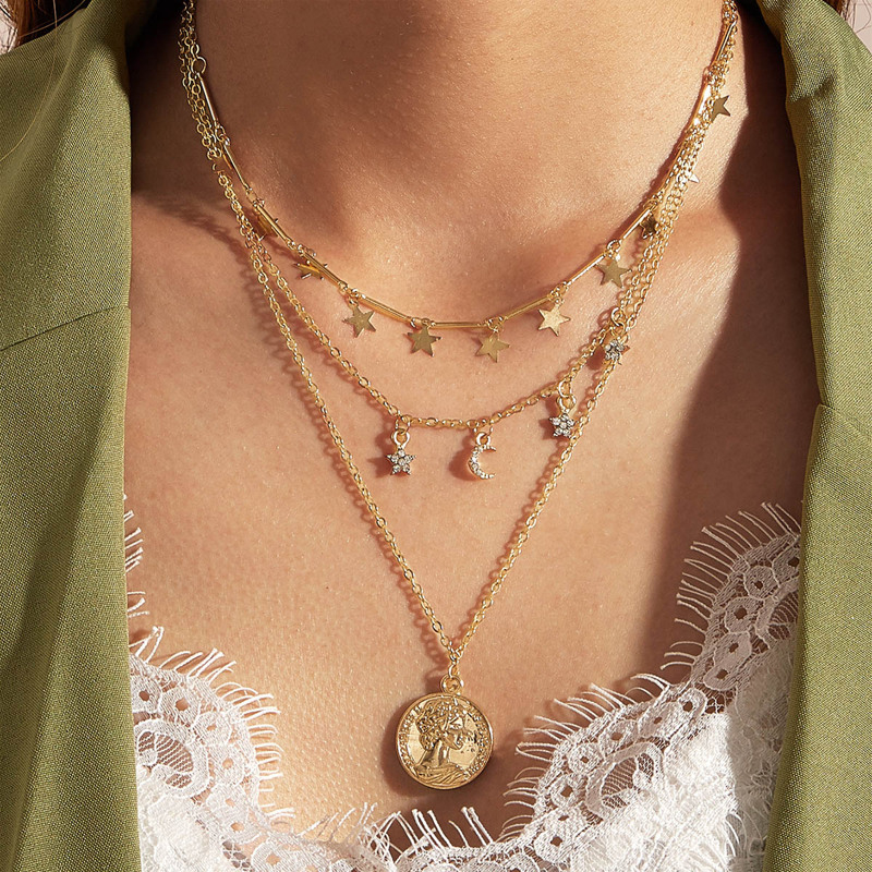 

1pc Star & Coin Charm Layered Necklace, Gold