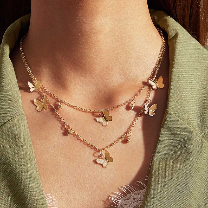 

1pc Butterfly & Rhinestone Charm Double Layered Chain Necklace, Gold