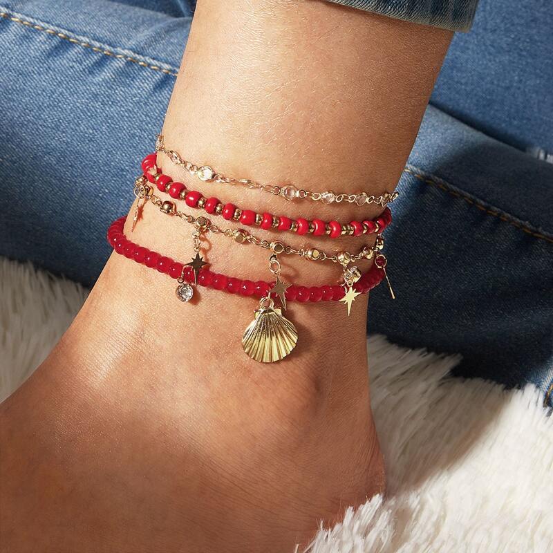 

4pcs Star & Shell Charm Anklet, Multicolor