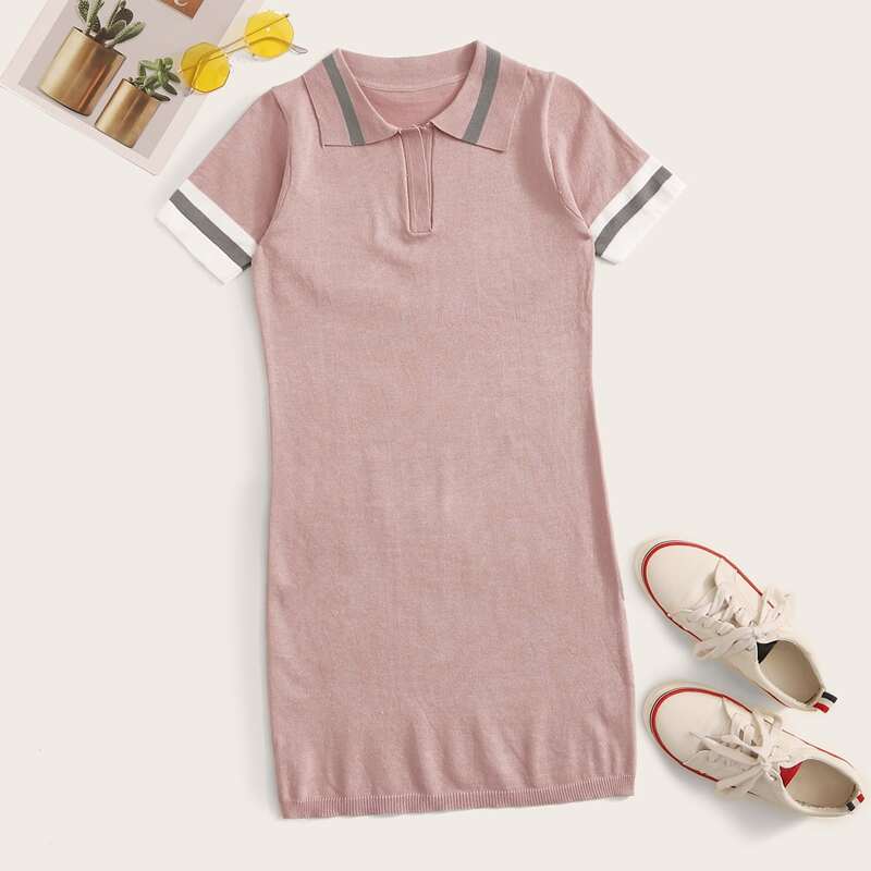

Striped Cuffed Polo Neck Tee Dress, Pink