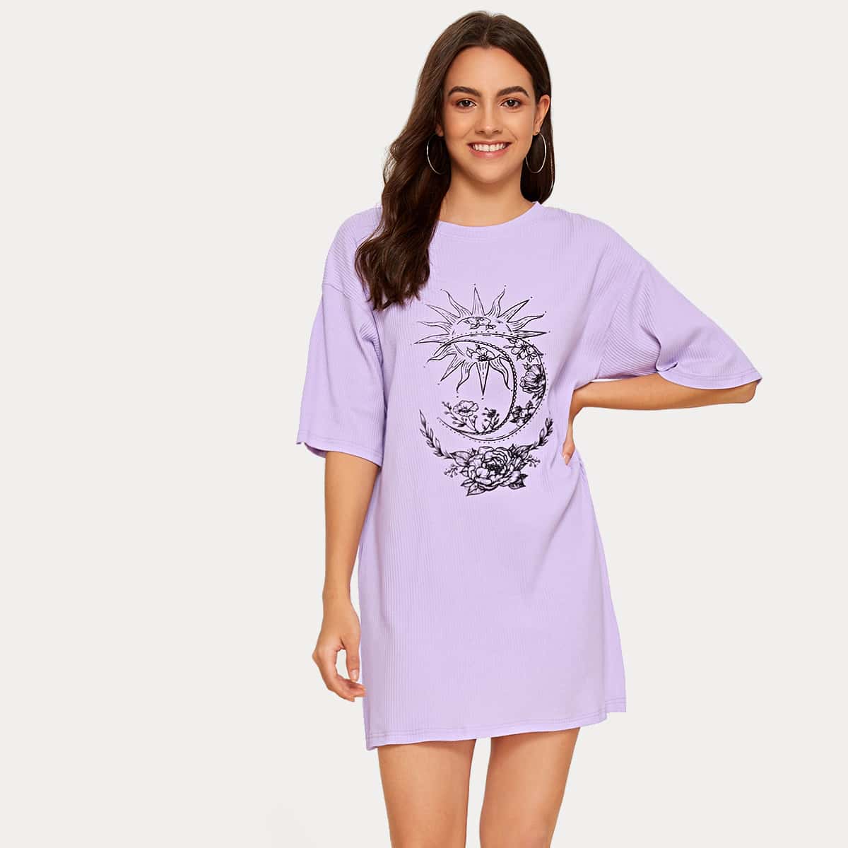 

Graphic Print Half Sleeve Tee Dress, Purple