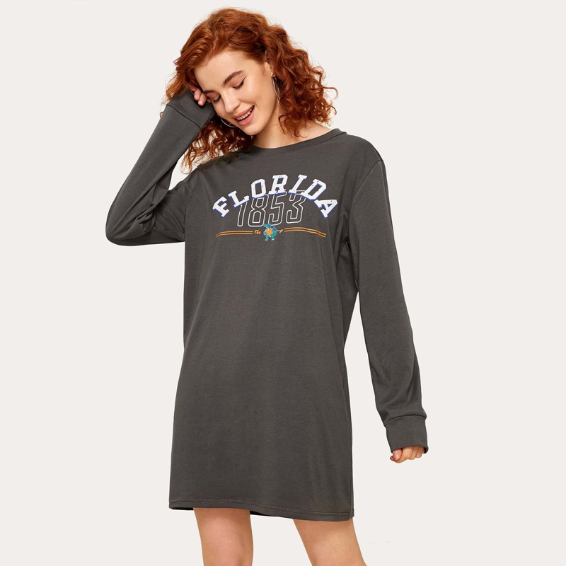 

Letter Graphic Long Sleeve Tee Dress, Grey