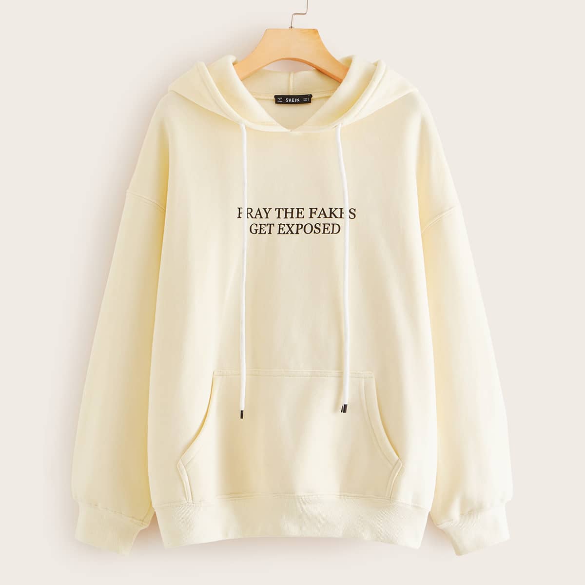 

Slogan Graphic Kangaroo Pocket Drawstring Hoodie, Beige pastel