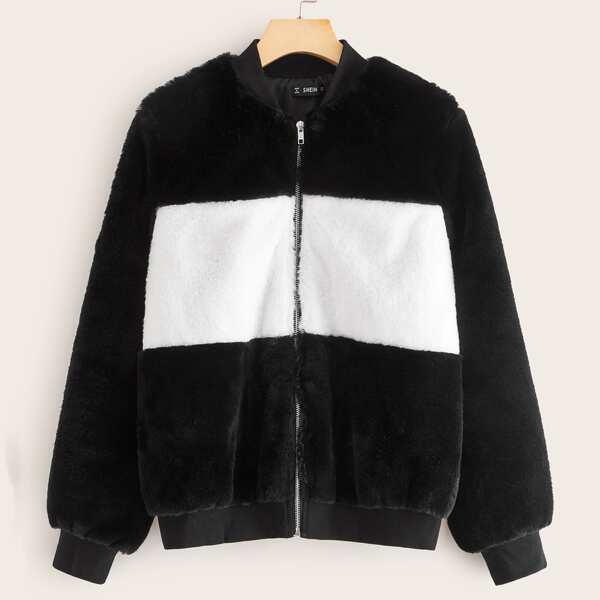

Two Tone Zip Up Faux Fur Coat, Black and white