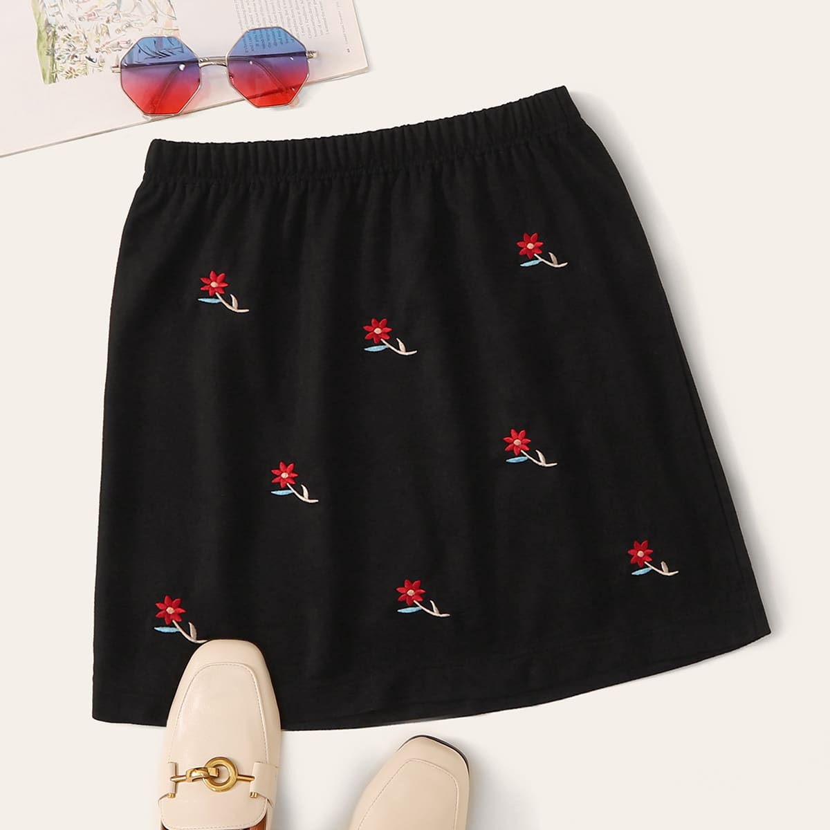 

Floral Embroidery Suede Mini Skirt, Black