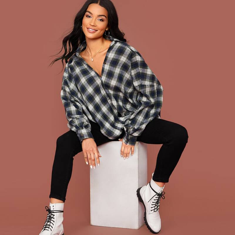 

Button Front Tartan Oversized Blouse, Multicolor