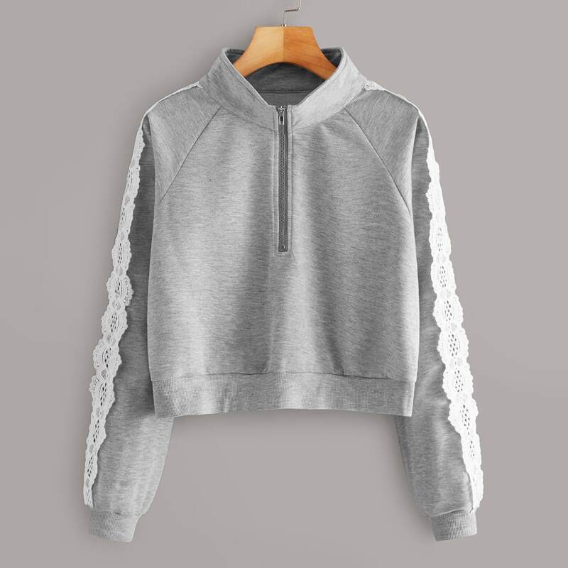 

Contrast Lace Half Zip Crop Sweatshirt, Grey