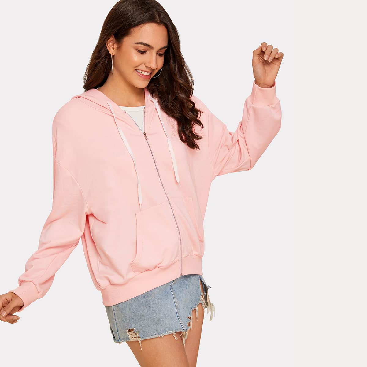 

Solid Pocket Front Drawstring Zip-up Hoodie, Pink