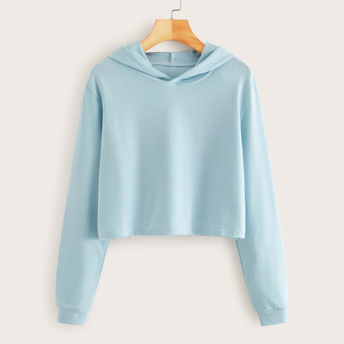 

Solid Crop Hooded Sweatshirt, Blue pastel