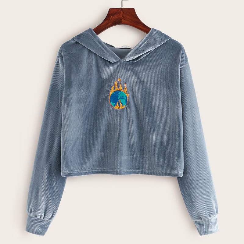 

Embroidery Crop Velvet Hoodie, Blue