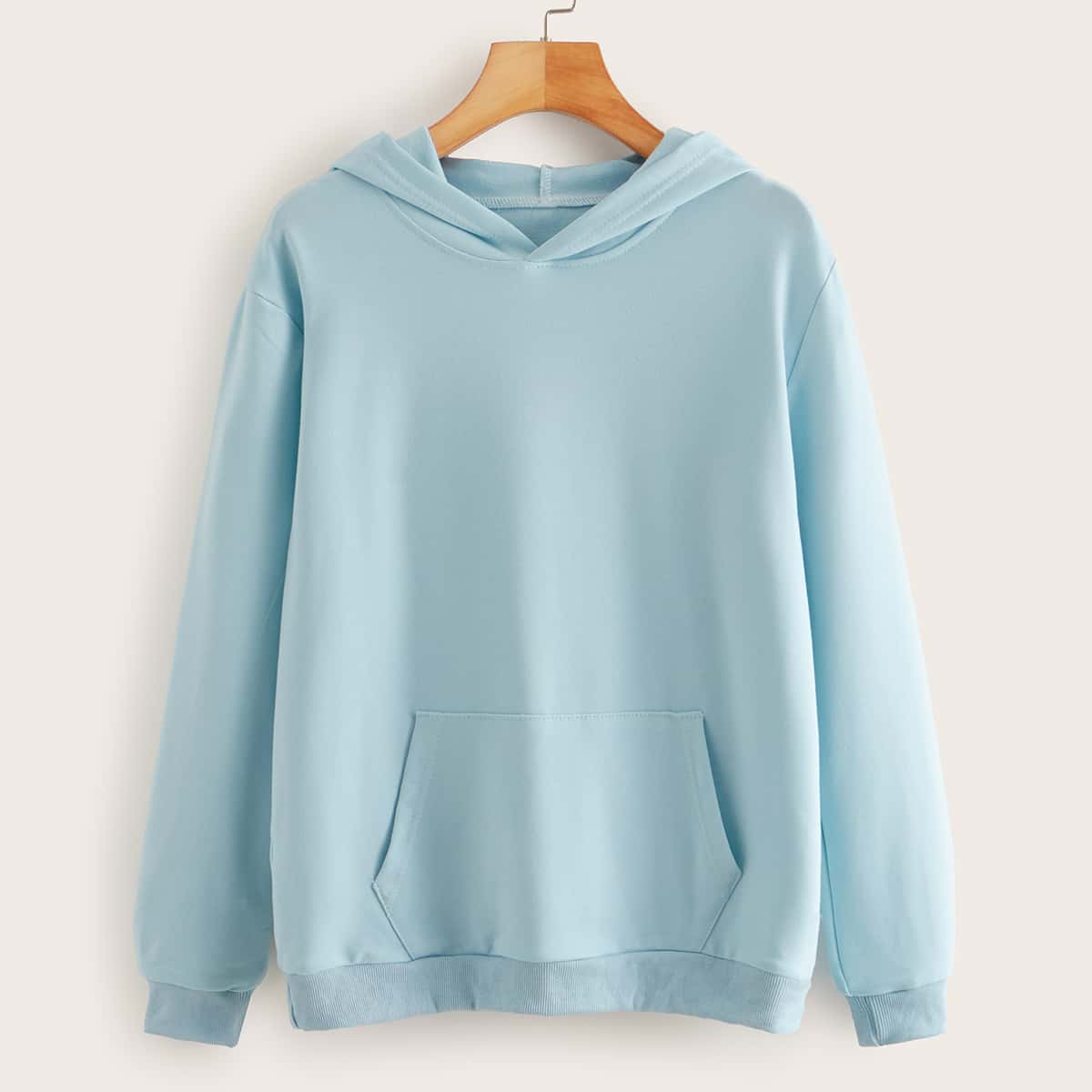 

Solid Kangaroo Pocket Front Hoodie, Blue pastel