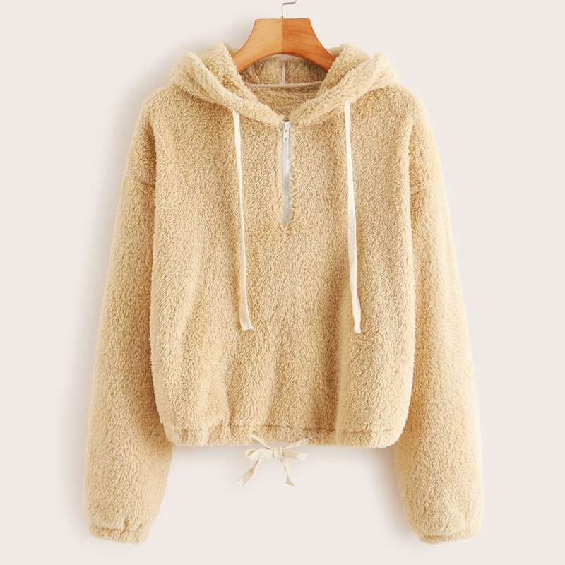 

Solid Half Zip Drawstring Hem Teddy Hoodie, Beige