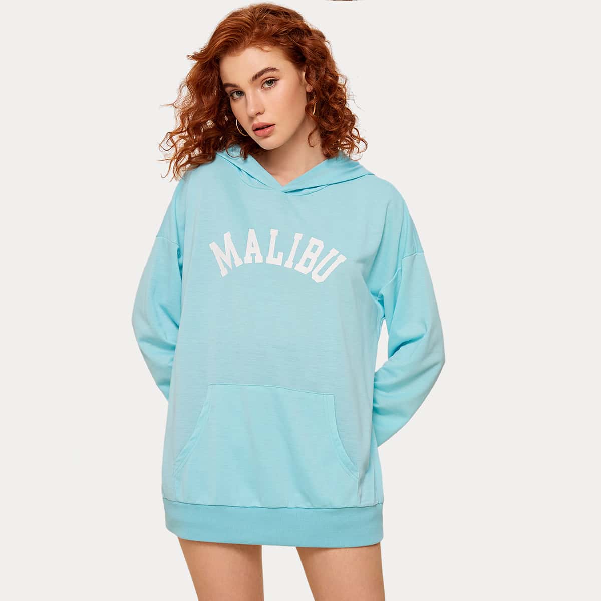 

Letter Graphic Kangaroo Pocket Longline Hoodie, Blue pastel