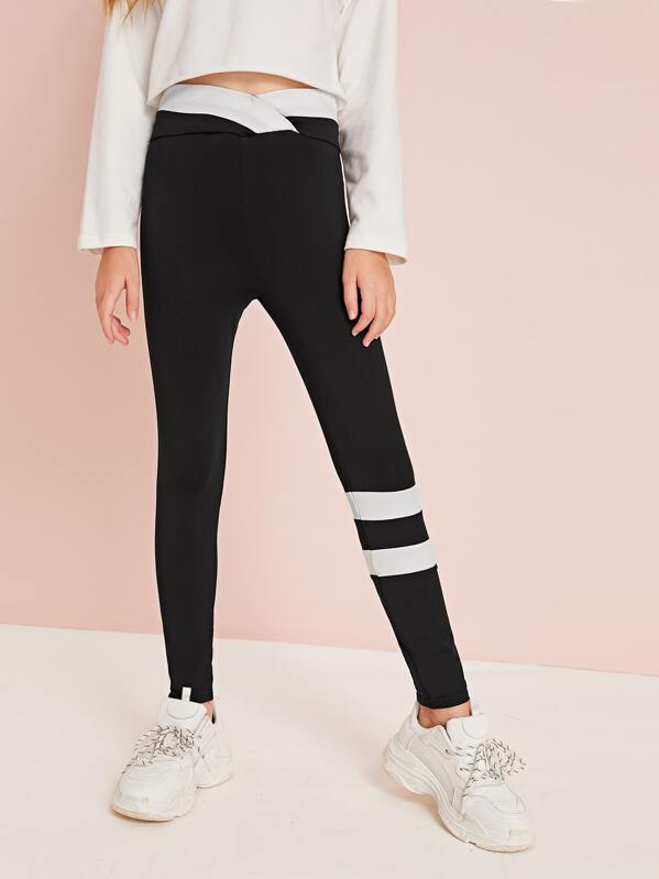 

Girls Striped Panel Contrast Waist Leggings, Black, Sashab