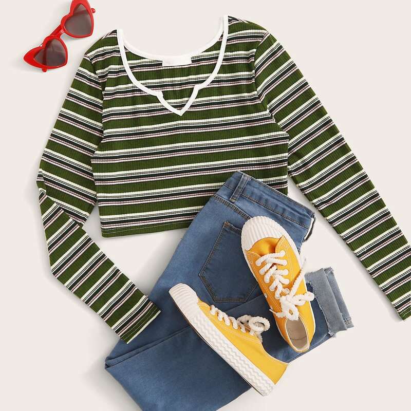 

Striped Notch Neck Crop Ribbed Tee, Multicolor