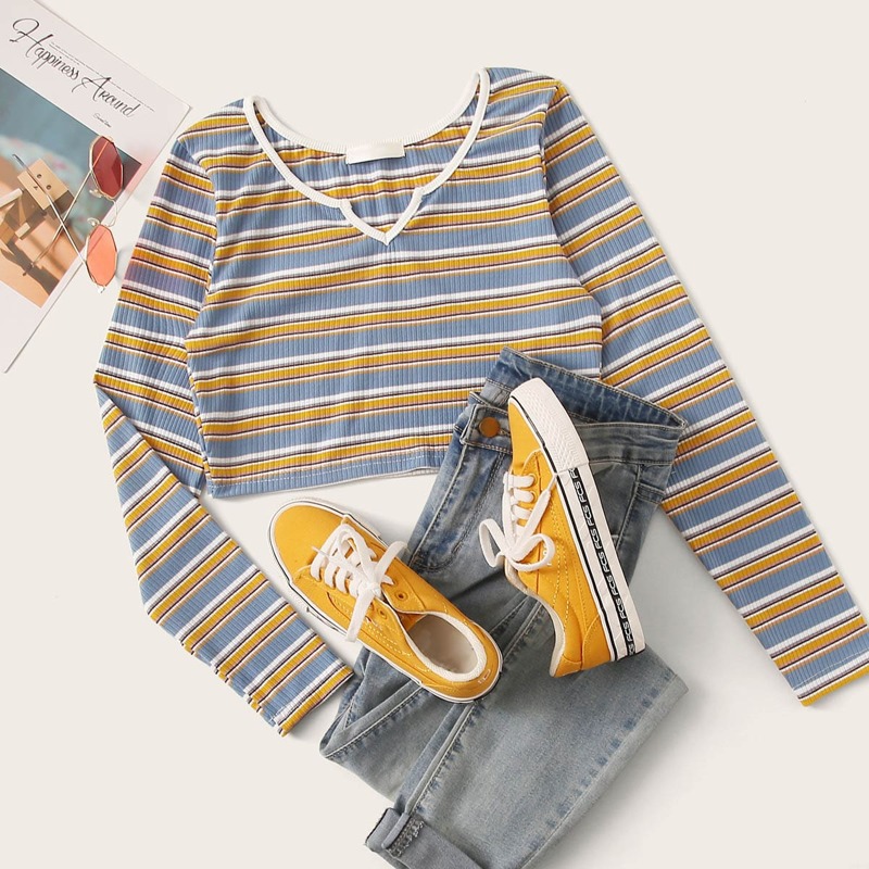 

Striped Notch Neck Crop Ribbed Tee, Multicolor