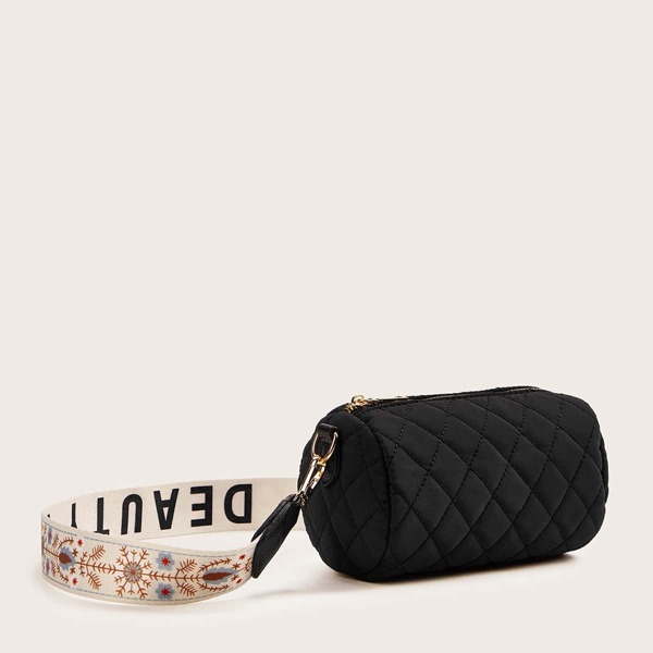

Quilted Barrel Bag With Wide Strap, Black
