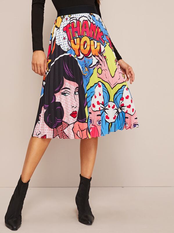 

Allover Print Wide Band Waist Pleated Skirt, Multicolor, Andy