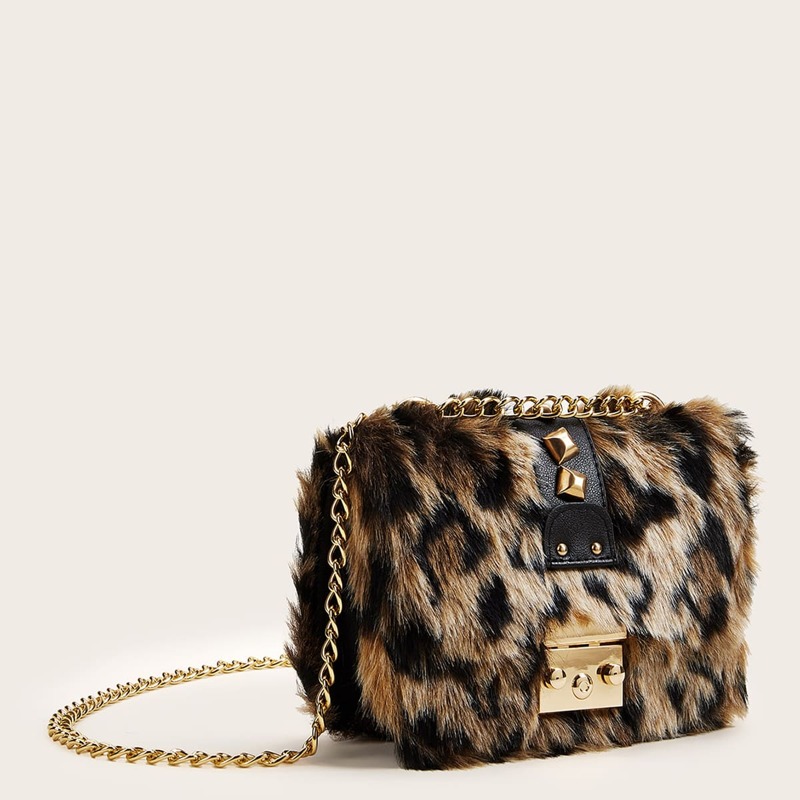

Studded Decor Push Lock Leopard Chain Bag, Multicolor