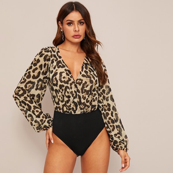 

Surplice Neck Bishop Sleeve Leopard Bodysuit, Multicolor